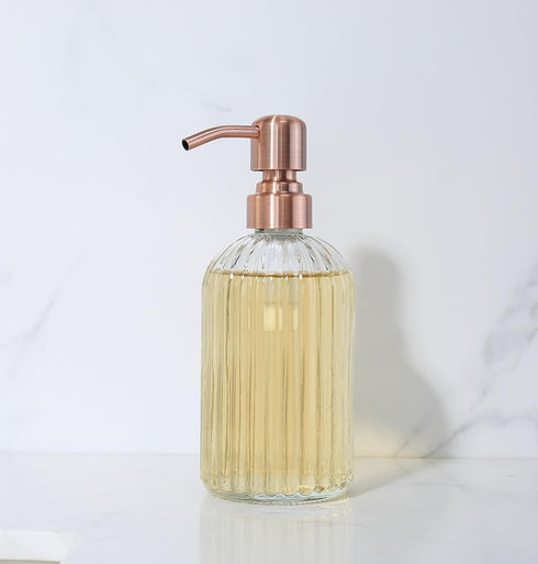 Rose Gold Glass Soap Dispenser with Rust Proof Metal Pump,16oz Vintage Soap Dispenser,Clear Glass Dish Soap Dispenser for Bathroom,Copper Kitchen ...