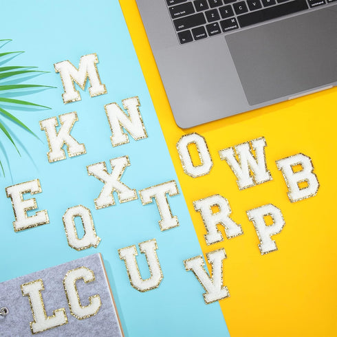 WILLBOND 52 Pieces Chenille Letter Patches Self Adhesive 2 Sets of A-Z Letter Patches Sticker with Gold Glitter for Backpacks Hat Clothes Notebook...