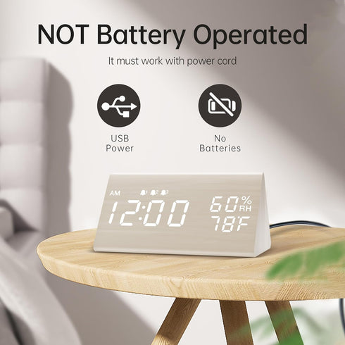 Digital Alarm Clock, with Wooden Electronic LED Time Display, 3 Alarm Settings, Humidity & Temperature Detect, Wood Made Electric Clocks for Bedro...