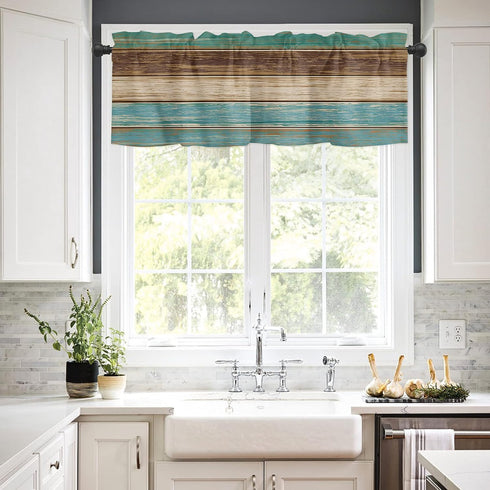 Rustic Farmhouse Valances Curtains for Kitchen Windows, Retro Wood Rod Pocket Curtain Toppers Teal Green Brown Country Short Curtains Treatments f...