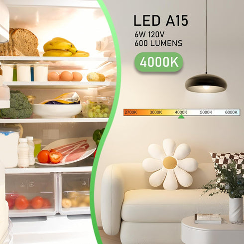 hansang E26 LED Refrigerator Light Bulb 4000K Natural Daylight, 60Watt Equivalent Waterproof Appliance Bulb, 6W A15 Small Fridge Light Bulb, Freez...