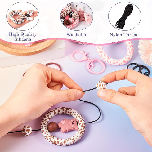 Magibeads 25Pcs Cow Bear Theme Silicone Beads for Keychain Making Kit 15mm Round Focal Beads Big Silicone Loop Rings Rhinestone Spacer Beads for C...