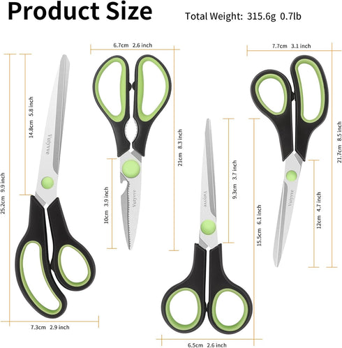 Kitchen Scissors, Stainless Steel Blades, Soft Grip, Multi-Purpose Heavy Duty Kitchen Scissors Set, Black/Green, 4 Piece Set...