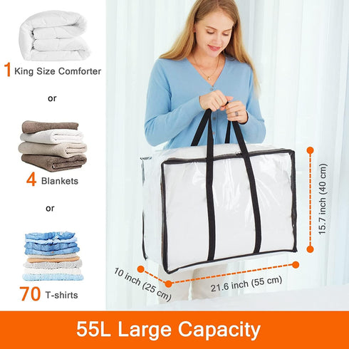 Vieshful Clear Clothes Storage Bag, 40L Zippered Closet Organizer, Plastic Storage Containers Moving bags for Comforter, Blanket, Bedding, Duvet, ...