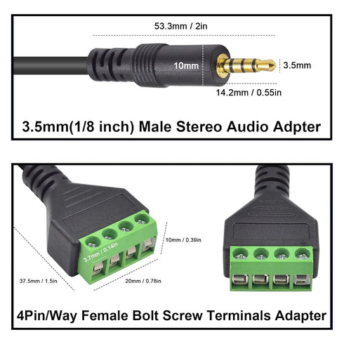 Poyiccot 3.5mm Screw Terminal Block Cable, 2Pack 3.5mm to Speaker Wire Adapter Cable 3.5mm (1/8inch) TRRS Stereo Male to 4 Pin/Way Female Bolt Scr...