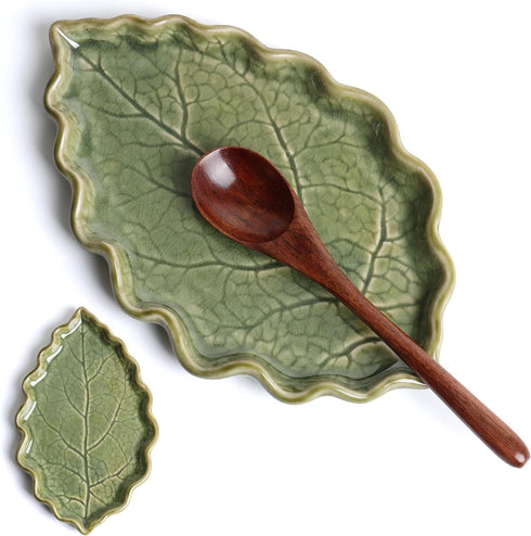 Ceramic Spoon Rest for Stove Top - Cute Green Leaf Shaped Spoon Rest/Spoon Holder for Kitchen Countertop - Cooking Kitchen Spoon Rest Utensil Rest...