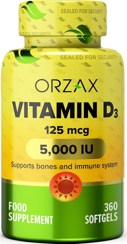 ORZAX Vitamin D3 5000 iu (125 mcg) - 1 Year Supply for Strong Muscle Function & Immune Support - Mood Supplement for Wellness (360 Softgel)...