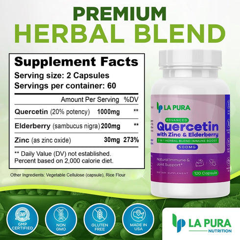 LaPura Advanced Quercetin 1000mg Elderberry 200mg Zinc 30mg Supplement 120 Capsules – Non-GMO 3-in-1 Herbal Blend for Immune Boost and Joint Suppo...