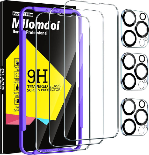 Milomdoi 3 Pack Screen Protector for Apple iPhone 14 Pro Max with 3 Pack Tempered Glass Camera Lens Protector, Ultra 9H Accessories, Case Friendly...