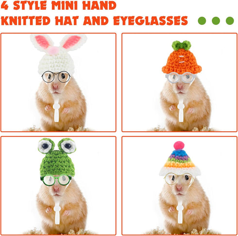 8 Pcs Hamster Hat Pet Round Costume Glasses Includes 4 Pcs Knitted Small Animals Hat with Adjustable Strap and 4 Pairs of Pet glasses for Small An...