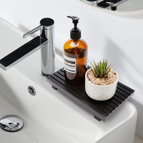 Black Bathroom Counter Organizer Wooden Display Pedesta Stand Kitchen Countertop Trays Farmhouse Wood Riser Dish Soap Dispenser Holder for Bathroo...