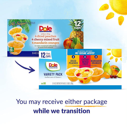 Dole Fruit Bowls No Sugar Added Variety Pack Snacks, Peaches, Mandarin Oranges & Cherry Mixed Fruit, 4oz 12 Cups, Gluten & Dairy Free, Bulk Lunch ...