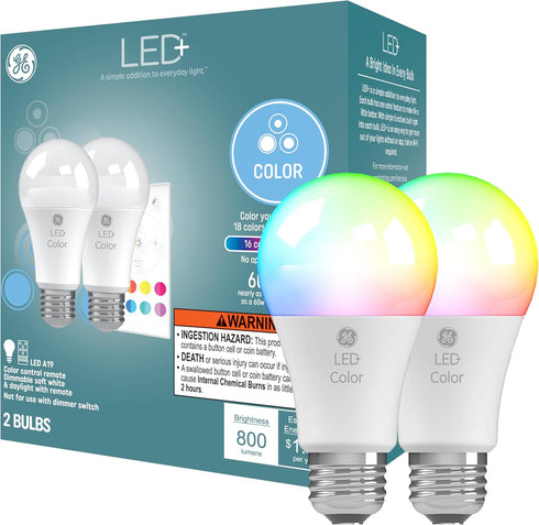 GE LED+ Color Changing LED Light Bulbs with Remote, 9.5W, No App or Wi-Fi Required, A19, CAC (2 Pack)...