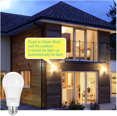 Dusk to Dawn Light Bulbs, Sensor E26 LED Bulb 9W (60W Equivalent), 825LM, 2700K Soft White, Auto On/Off light bulbs for Outdoor Lighting, 4-Pack...