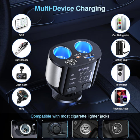 2 Sockets Cigarette Lighter Splitter with Large Voltmeter, BUVAYE 5 in 1 Fast Charge USB C Car Charger Adapter, Dual Car Cigarette Lighter Adapter...