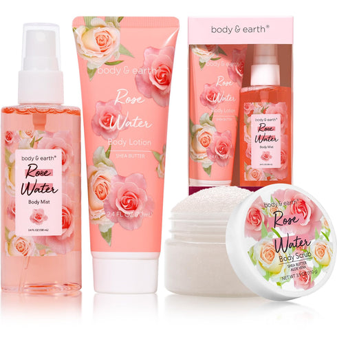 Body & Earth Body Mist Gift Set - Spa Gifts for Women, Perfume, Body Lotion, and Body Scrub in a Rose Water Box- Perfect Birthday Gifts for Mom Gi...
