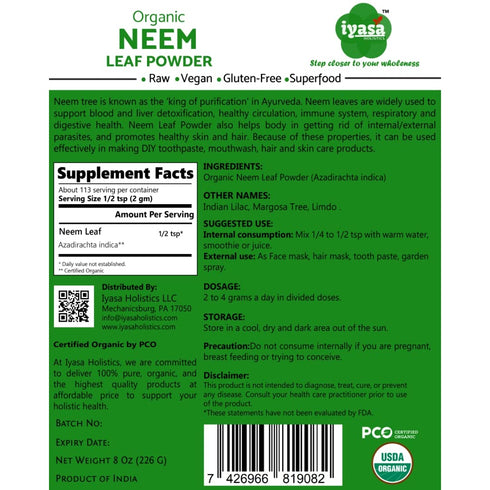 Organic Neem Powder, USDA Certified Ayurveda Herb, Promotes Healthy Hair,Clear Skin, DIY Toothpaste Resealable Pouch of 8 oz...