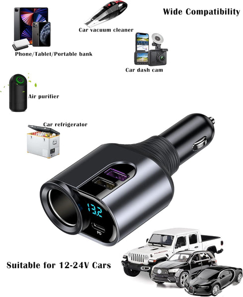 LIHAN Cigarette Lighter USB C Charger, Car Socket Plug Adapter,12V/24V Outlet Splitter with 3 USB Ports, LED Voltage, Compatible for iPhone 15/15 ...