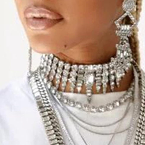 YERTTER Dainty Silver Full Rhinestone Chain Sparkly Collar Chain Choker Statement Tassel Crystal Choker Necklace Adjustable for Party Music Bar Wo...