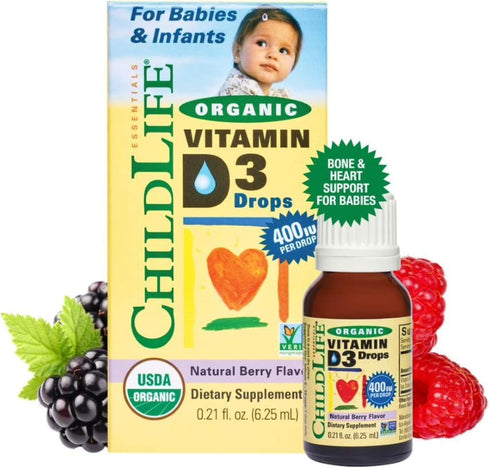 CHILDLIFE Essentials Organic Vitamin D3 Liquid Drops, Natural Berry Flavor - Gluten Free, Alcohol Free, Casein Free, Non-GMO - 0.21 Fl Oz...