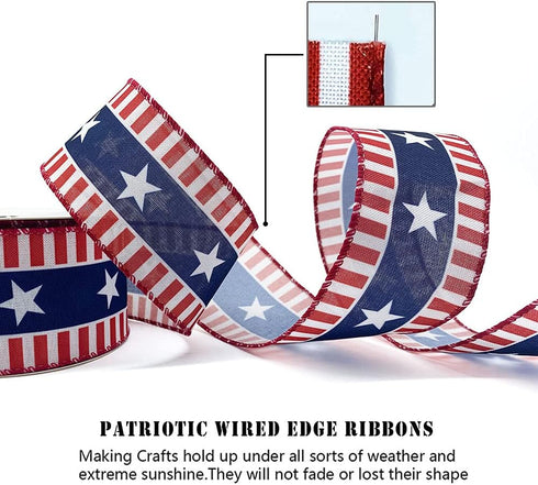 Hying 4th of July Ribbons for Crafting, 2.5" X 10 Yards Patriotic Wired Edge Ribbons American Stripes Stars Ribbons Blue Burlap Craft Ribbon Bows ...