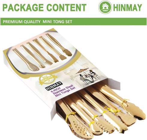 Gold Plated Mini Serving Tongs Set 6-Inch Appetizers Tongs Stainless Steel Small Sugar Cube Tongs Ice Tongs, Set of 6...