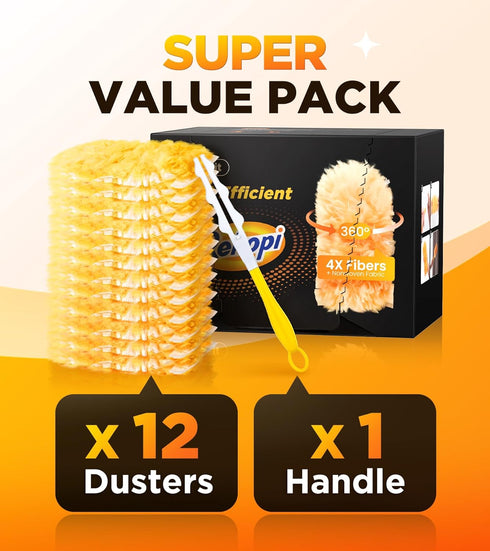 Super Efficient Duster Kit with 12 Duster Refills & 1 Handle, Multisurface 360° Dusters with 4X Microfibers, Unscented Disposable Dusters for Clea...