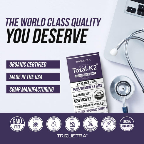 Total K2® | Vitamin K2 as MK7 & MK4 | Plus K1 & Vitamin D3 Cofactor - 620 mcg K2 per Serving - All-Trans MK7 from MenaQ7® - Full-Spectrum Vitamin ...