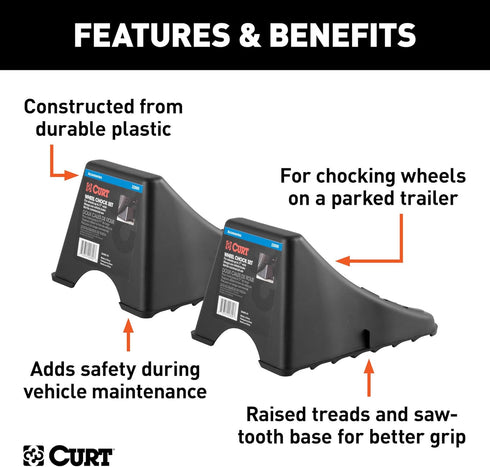 CURT 22800 Black Plastic Wheel Chocks, Vehicle, Trailer, Truck, RV, 2-Pack...