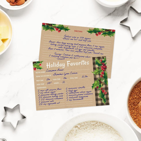 Kraft Look Holiday Favorites Recipe Cards / 50 Rustic Faux Kraft Christmas Recipe Card Pack / 4" x 6" Flat Double Sided Vintage Design Baking Dire...