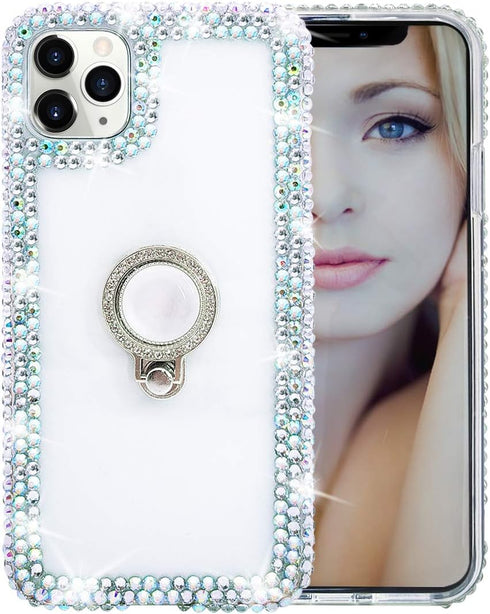 Bonitec Compatible with iPhone 12 Pro Max Case 3D Glitter Sparkle Bling Case Metal Finger Ring Bracket Stand Luxury Shiny Crystal Rhinestone Diamo...