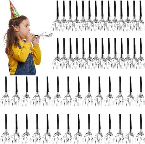 60 Packs Silver Noise Makers, Metallic Fringed Party Blowers, Horns Musical Blowouts Whistles for Birthday Party, Sporting Events, Graduation, Par...