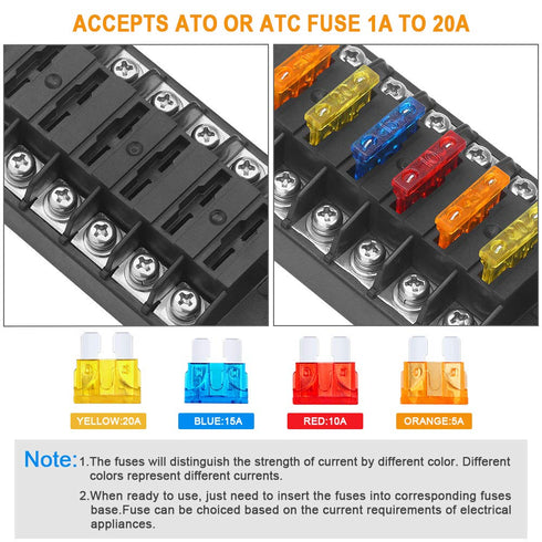 ELECTOP 6 Way Fuse Block Blade Fuse Box with Negative Bus, 6 Circuit Fuse Holder Fuse Block w/Negative Bus, Waterproof Protection Cover Sticker La...