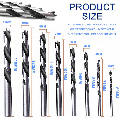JONMON Brad Point Drill Bits - 8 Pcs 3-10mm Spur Point Spiral Twist Wood Metric Drill Bits with Durable Case Wood Working Tool for Hardwood or Sof...