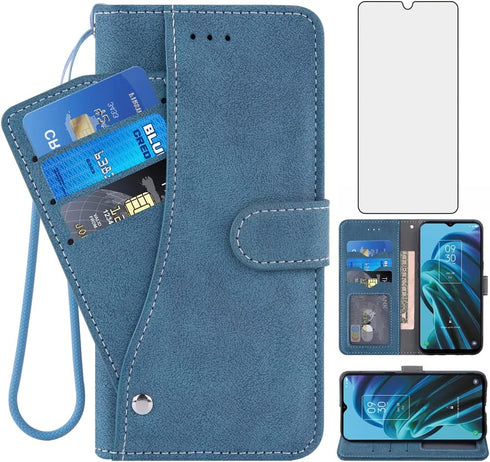 Compatible with TCL 30XE/30V/4X/20AX/20A/20R/Bremen 5G Wallet Case and Tempered Glass Screen Protector Flip Credit Card Holder Stand Cell Phone Co...