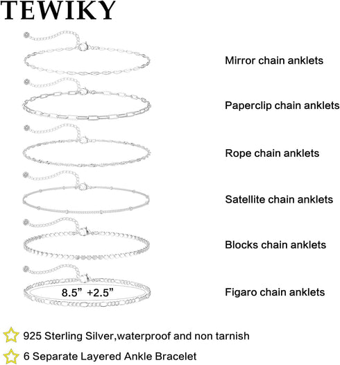 Tewiky Dainty Silver Ankle Bracelets for Women Waterproof, S925 Sterling Silver Anklets Layered Cuban Chain Herringbone Beaded Blocks Anklets Set ...