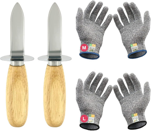 Oyster Shucking Knife Set of 2 Stainless Steel Oyster Knifes and 2 Pairs Level 5 Cut-Resistant Gloves?Oyster Knives Suitable for All Kinds of Shel...