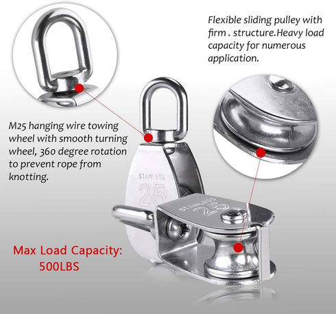 2pcs M25 Single Pulley Block with 3pcs Spring Snap Hook Carabiner, Heavy Duty 304 Stainless Steel Pulley Roller & 3'' Spring snap Hooks, Pully Cra...
