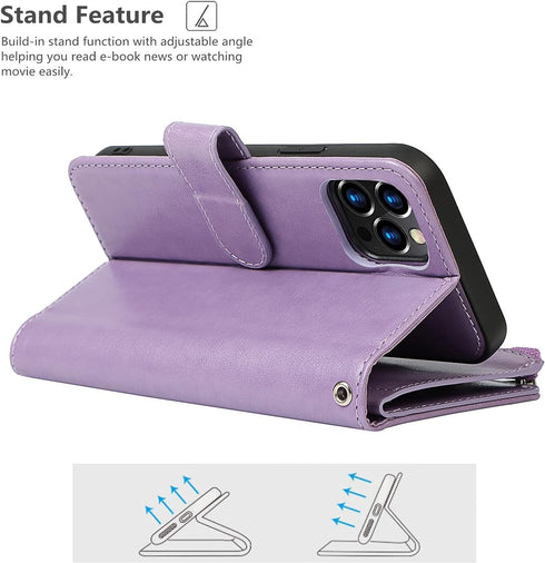 iCoverCase Compatible with iPhone 13 Pro Wallet Phone Case with Card Holder, PU Leather Zipper Pocket Magnetic Detachable Flip Case with Wrist Str...