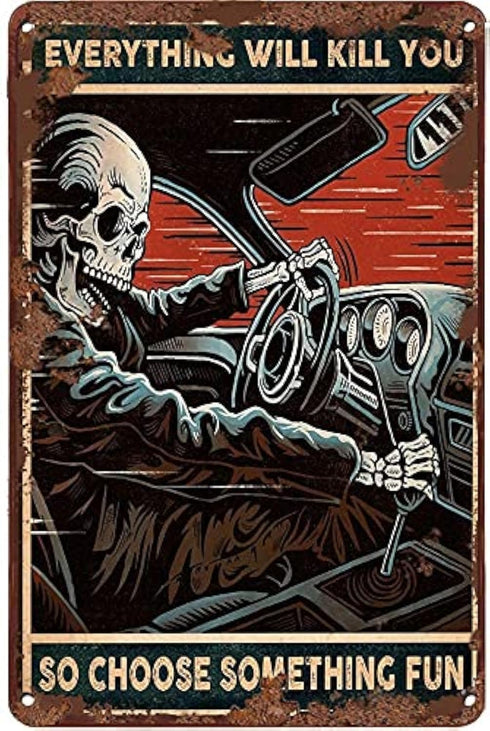 Creative Tin Sign Skeleton Auto Racing Funny Novelty Metal Sign Retro Wall Decor for Home Gate Garden Bars Restaurants Cafes Office Store Pubs Clu...