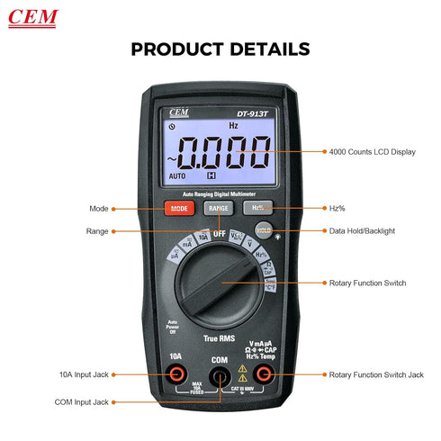 CEM DT-913T Digital Multimeter TRMS 4000 Counts Voltmeter Auto-Ranging Fast Accurately Measures LCD display Voltage Current Amp Resistance Diodes ...