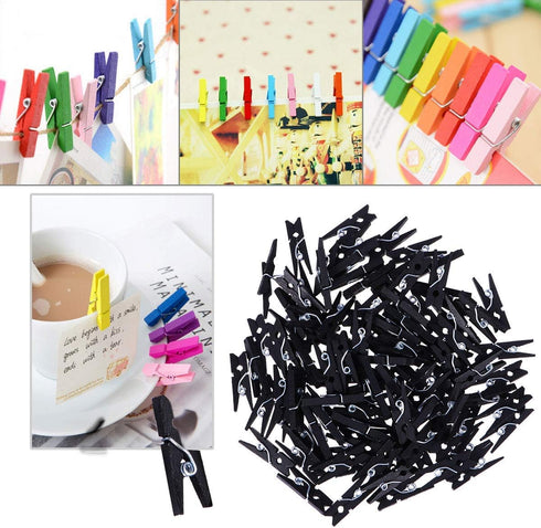 Wooden Clothes Pins, 100pcs 1.3Inch (3.5cm) Black Small Wooden Chip Clips with 33 Feet Jute Twine for Bag Clips Clothespin Bag Clothes Pin Heavy D...