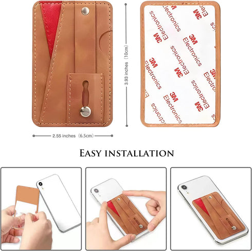 Phone Card Holder, Dual Pockets Phone Wallet Stick On with Snap Closure Adhesive Phone Wallet Work with iPhone and Most Smartphones - Brown Red Pa...