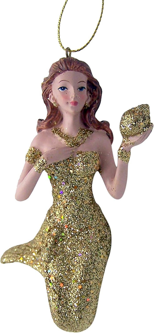 Mermaid Christmas Ornament, Glittery Holiday Decoration, Nautical Theme, 4.5 Inches (Gold Tone Mermaid)...