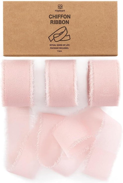 Vitalizart Blush Pink Chiffon Silk Ribbon 1" x 21Yd Fringe Fabric Eco-Friendly Package (3 Rolls *7Yd) for Wedding Invitations Bridal Bouquets Deco...