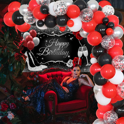 JOYMEMO Red Black and Silver Party Decorations for Women's Birthday Party Supplies - Red Black Silver Balloon Garland Happy Birthday Backdrop High...