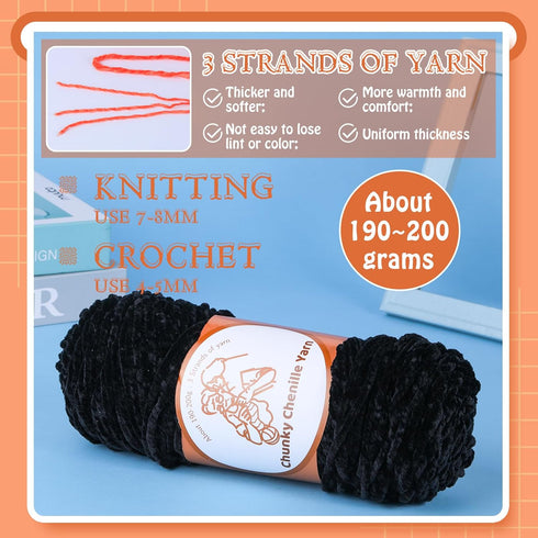 Chunky Chenille Yarn(7OZ/200G), 3 Strands of Yarn Soft Chenille Velvet Yarn for Crocheting Knitting Thick Blanket Yarn for Shoe Hat Clothing Cushi...