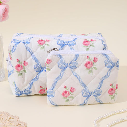 LYDZTION 2Pcs Cute makeup bag Quilted Makeup Bag for Women,Coquette Bow Makeup Bag Cotton Makeup Bag with Purse Pouch Aesthetic Stuff Travel Essen...