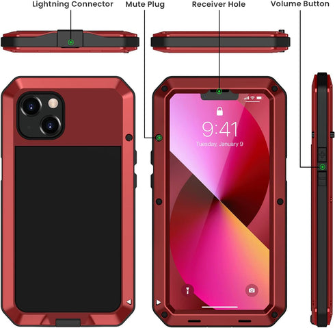 Lanhiem for iPhone 13 Metal Case, Heavy Duty Shockproof Tough Rugged Case with Built-in Glass Screen Protector, 360 Full Body Protective Cover for...