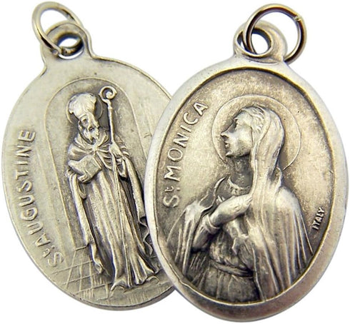 WJH Silver Toned Base Saint Monica with St Augustine Medal Pendant, 1 Inch...